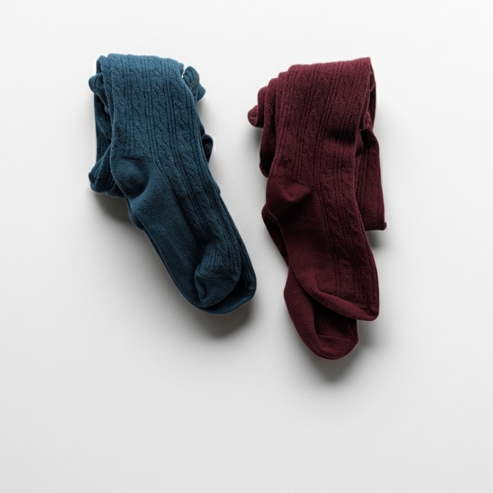 Little Stocking Co Teal and Burgundy Knit Tights Bundle Size 7-8